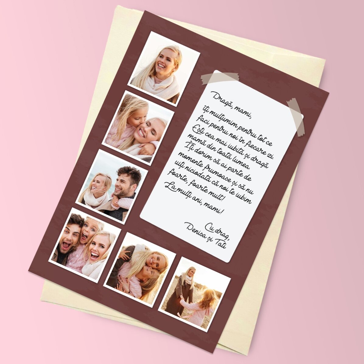 Felicitare magnetică personalizată cu 6 poze și mesaj lung