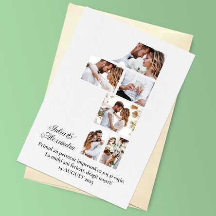 Felicitare magnetică personalizată cu 6 poze și text pentru aniversarea primului an