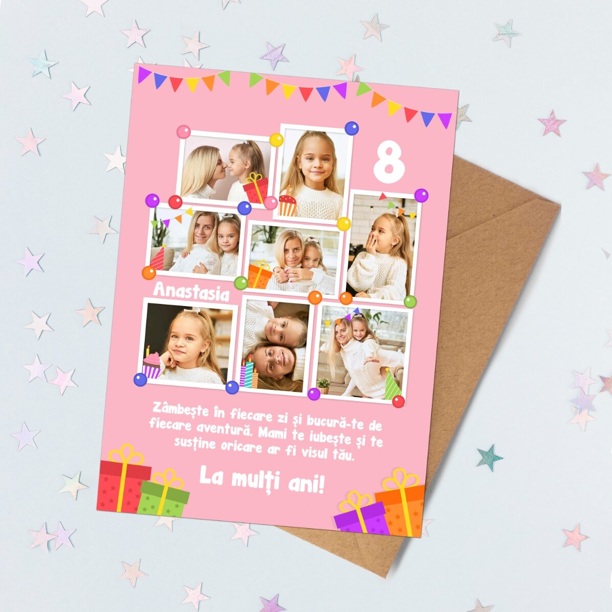 Felicitare magnetică personalizată cu 8 poze și mesaj pentru copii - Zi de naștere