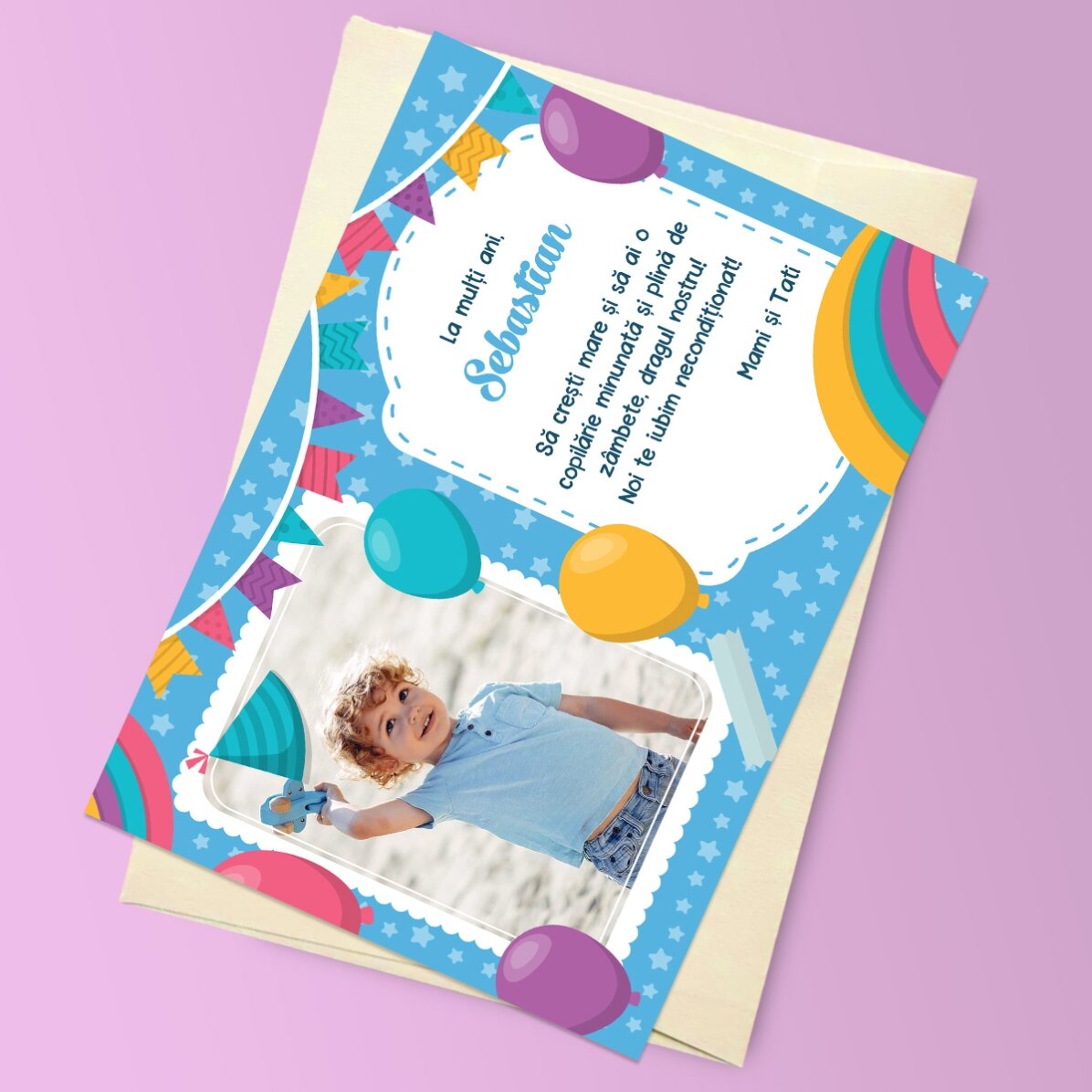 Personalised magnetic greeting card with a photo and message for children