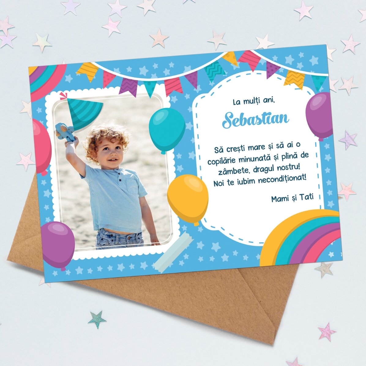 Personalised magnetic greeting card with a photo and message for children