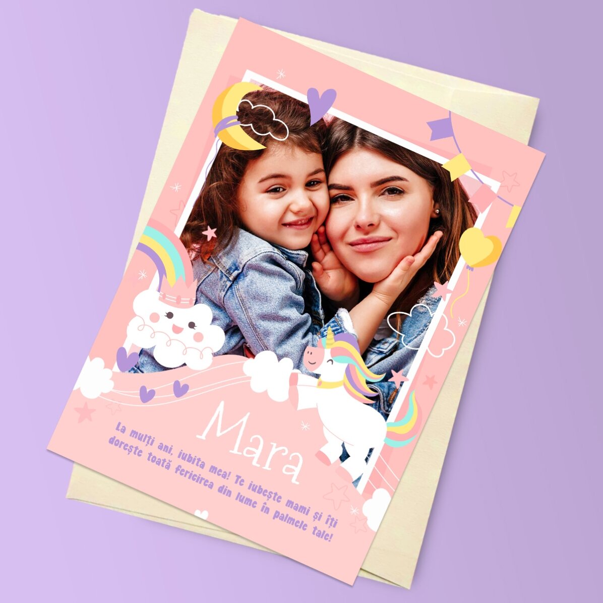 Felicitare magnetică personalizată cu o poză și text - Rainbows and unicorns