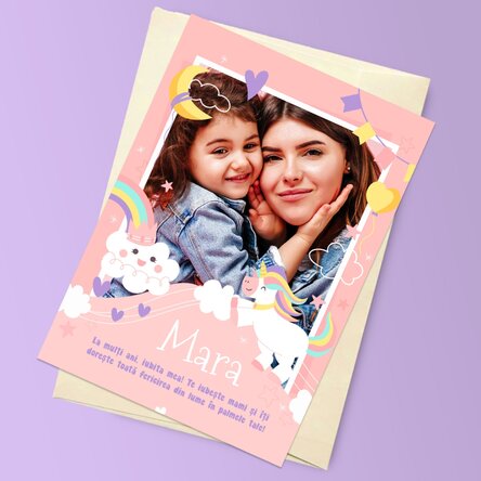 Felicitare magnetică personalizată cu o poză și text - Rainbows and unicorns