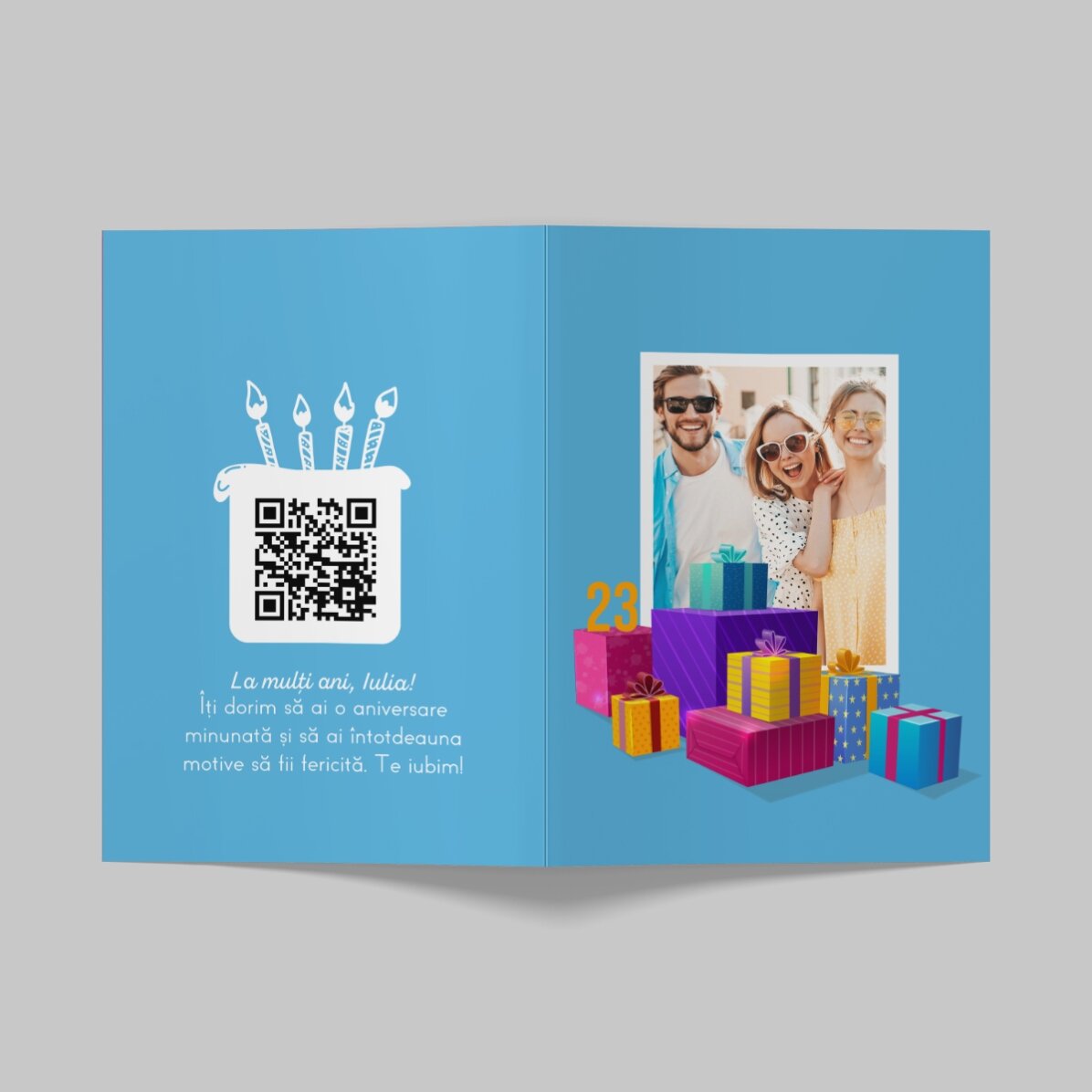 Felicitare personalizată cu poză, text și cod QR - La mulți ani