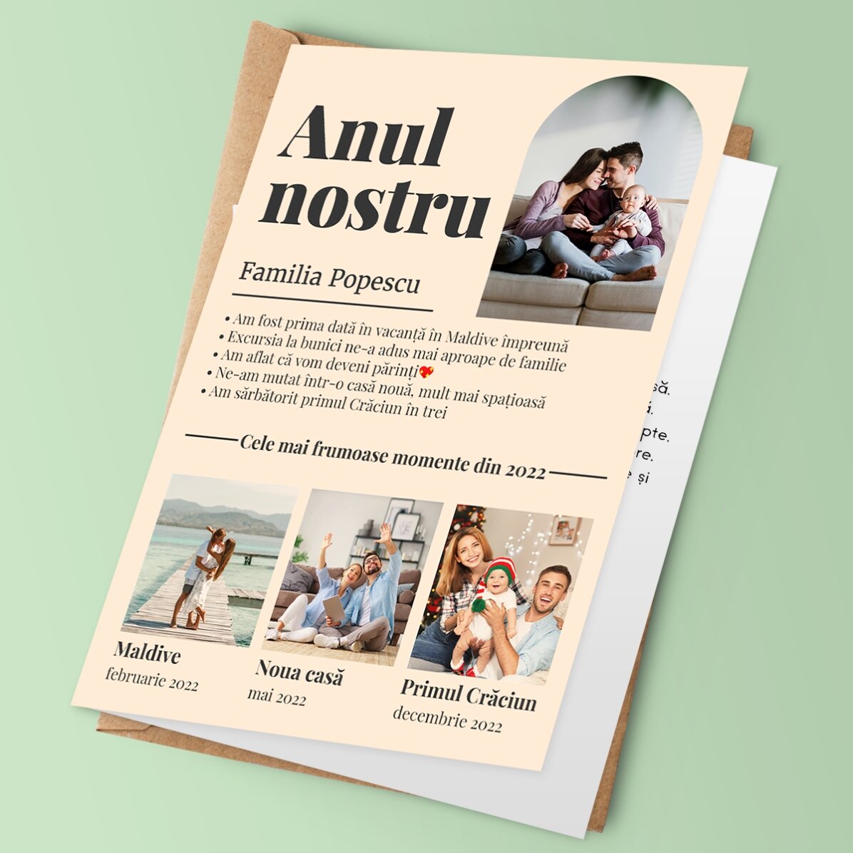 Felicitare personalizată cu 4 poze de familie și text - Anul nostru în imagini