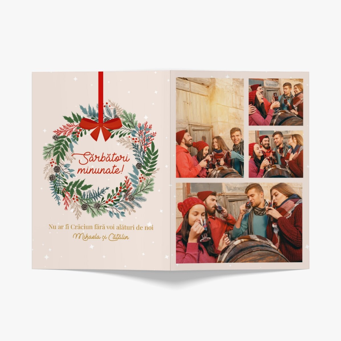 Felicitare personalizată cu 4 poze și text - Christmas Wreath