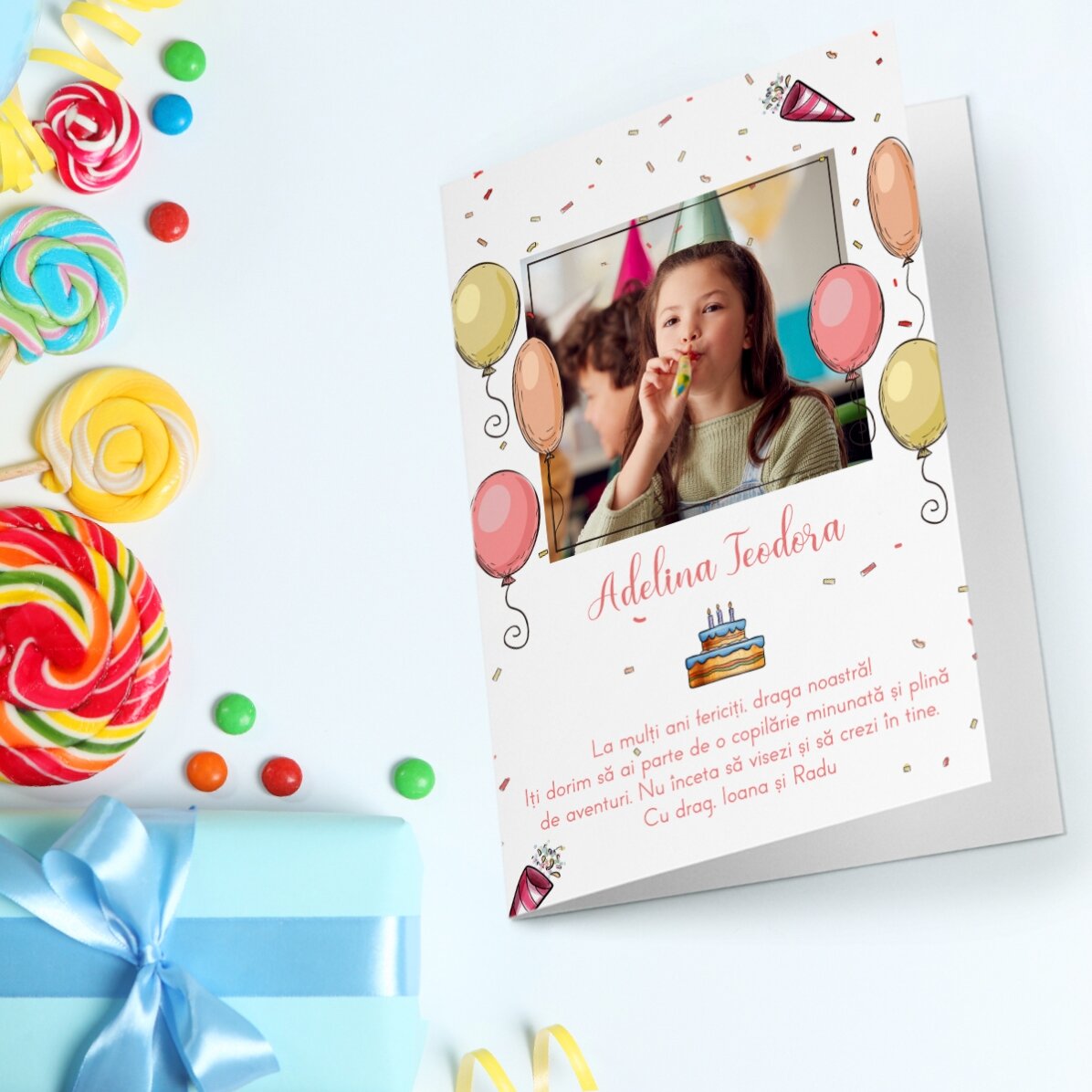 Felicitare personalizată cu o fotografie și text - La mulți ani
