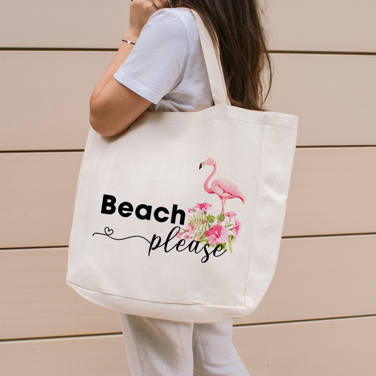 Geantă de plajă personalizată cu text - Beach please model flamingo