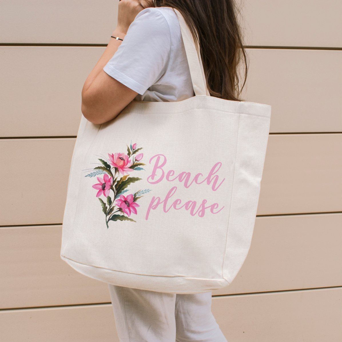 Geantă de plajă personalizată cu text - Beach please model floral
