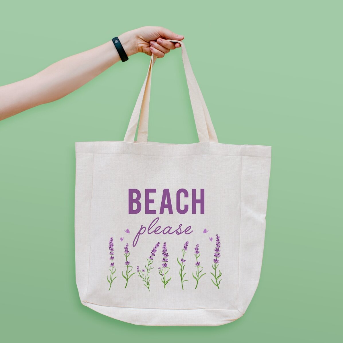 Geantă de plajă personalizată cu text - Beach please model lavandă