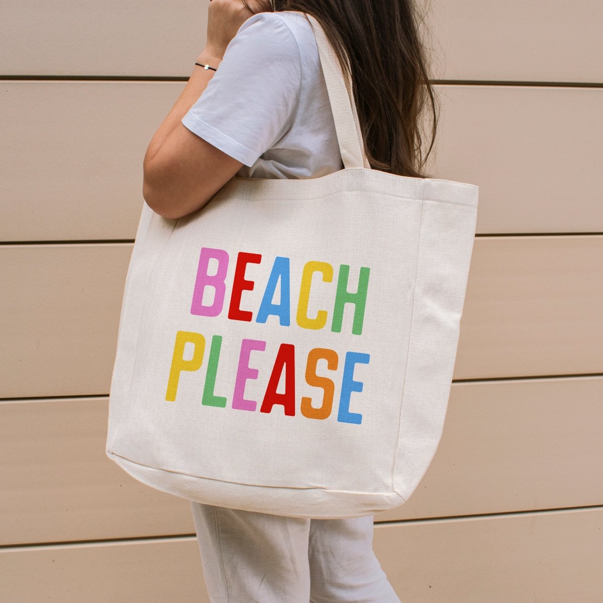 Geantă de plajă personalizată cu text - Beach please multicolor