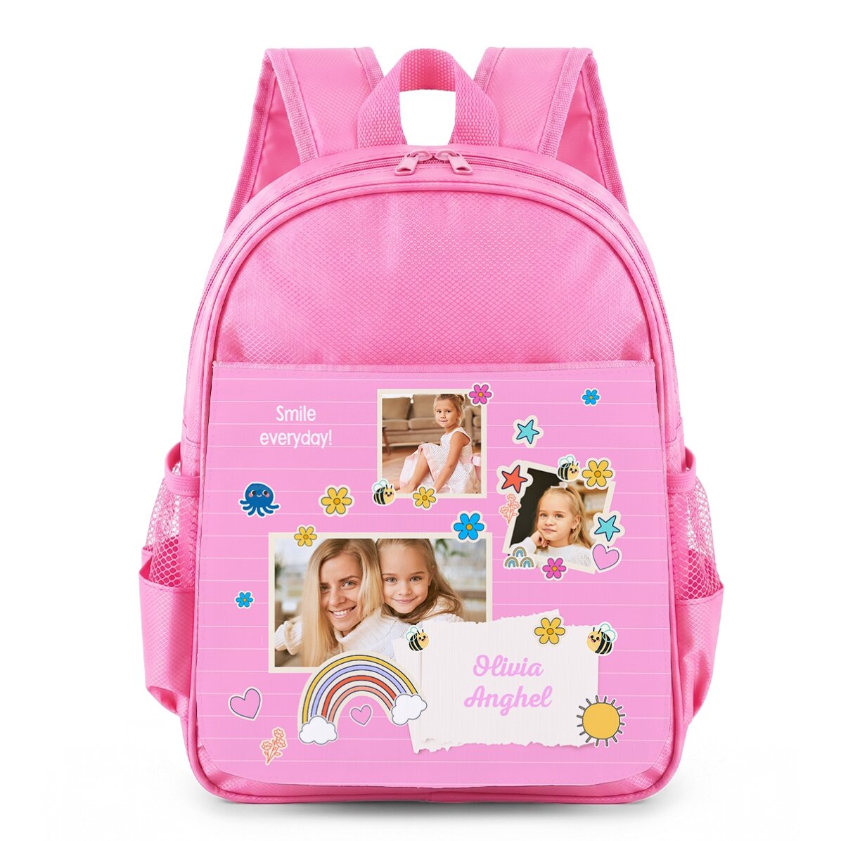 Personalised school bag with 3 photos and a message