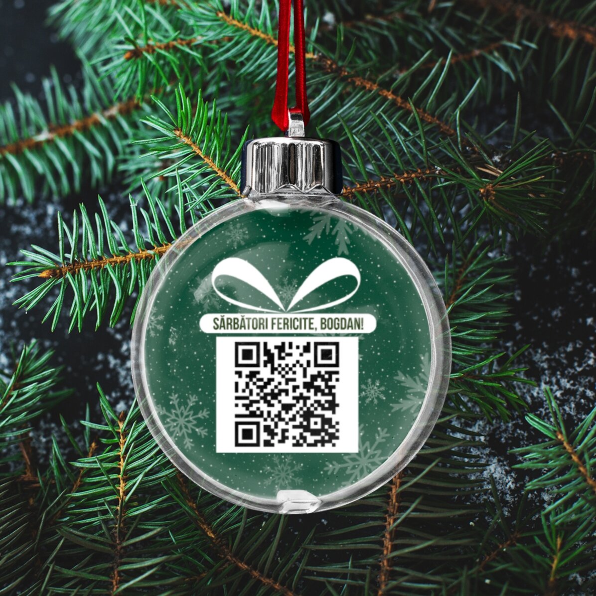 Glob transparent personalizat față-verso cu o fotografie și cod QR