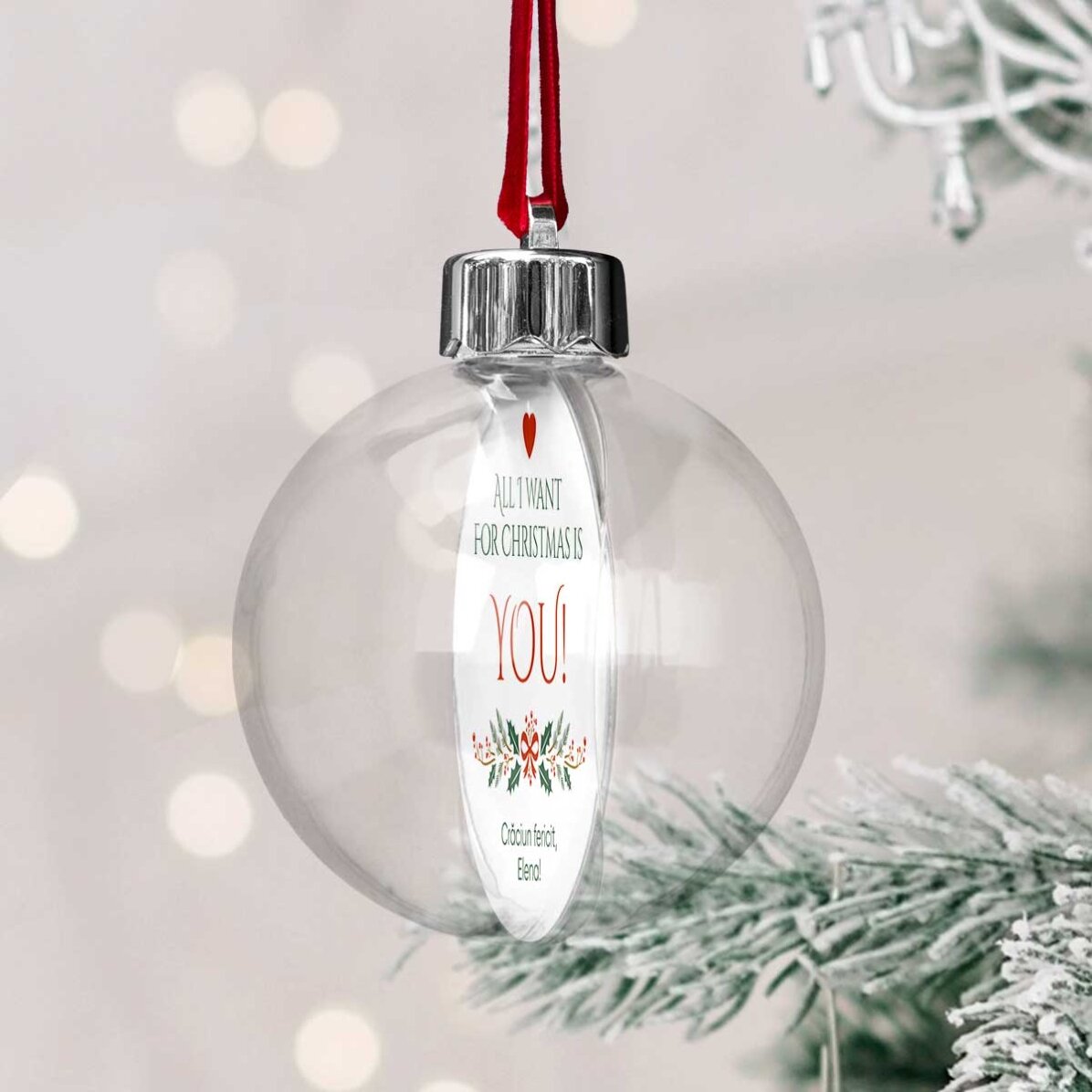 Glob transparent personalizat față-verso cu o poză și mesaj - All I want for Christmas
