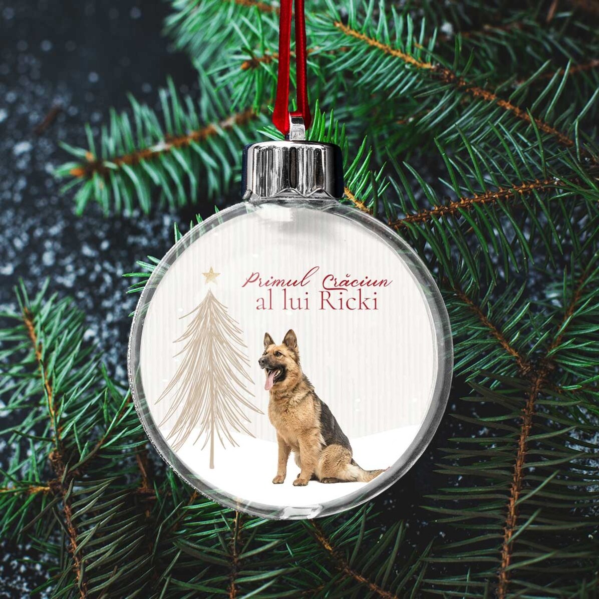 Glob transparent personalizat față-verso cu o poză și mesaj - Primul Crăciun blănos