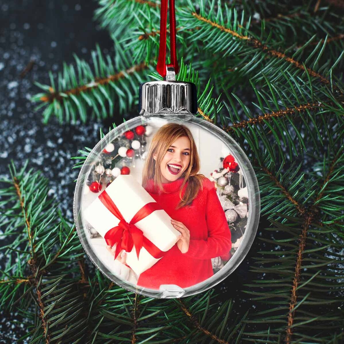 Glob transparent personalizat față-verso cu o poză și text - Crăciun fericit!