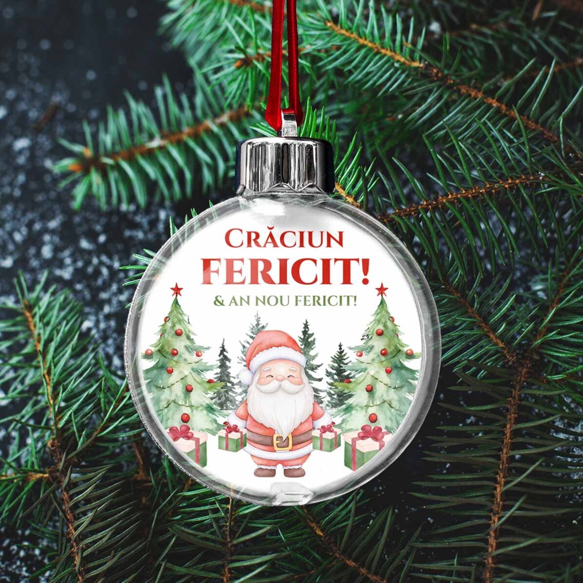 Glob transparent personalizat față-verso cu o poză și text - Crăciun