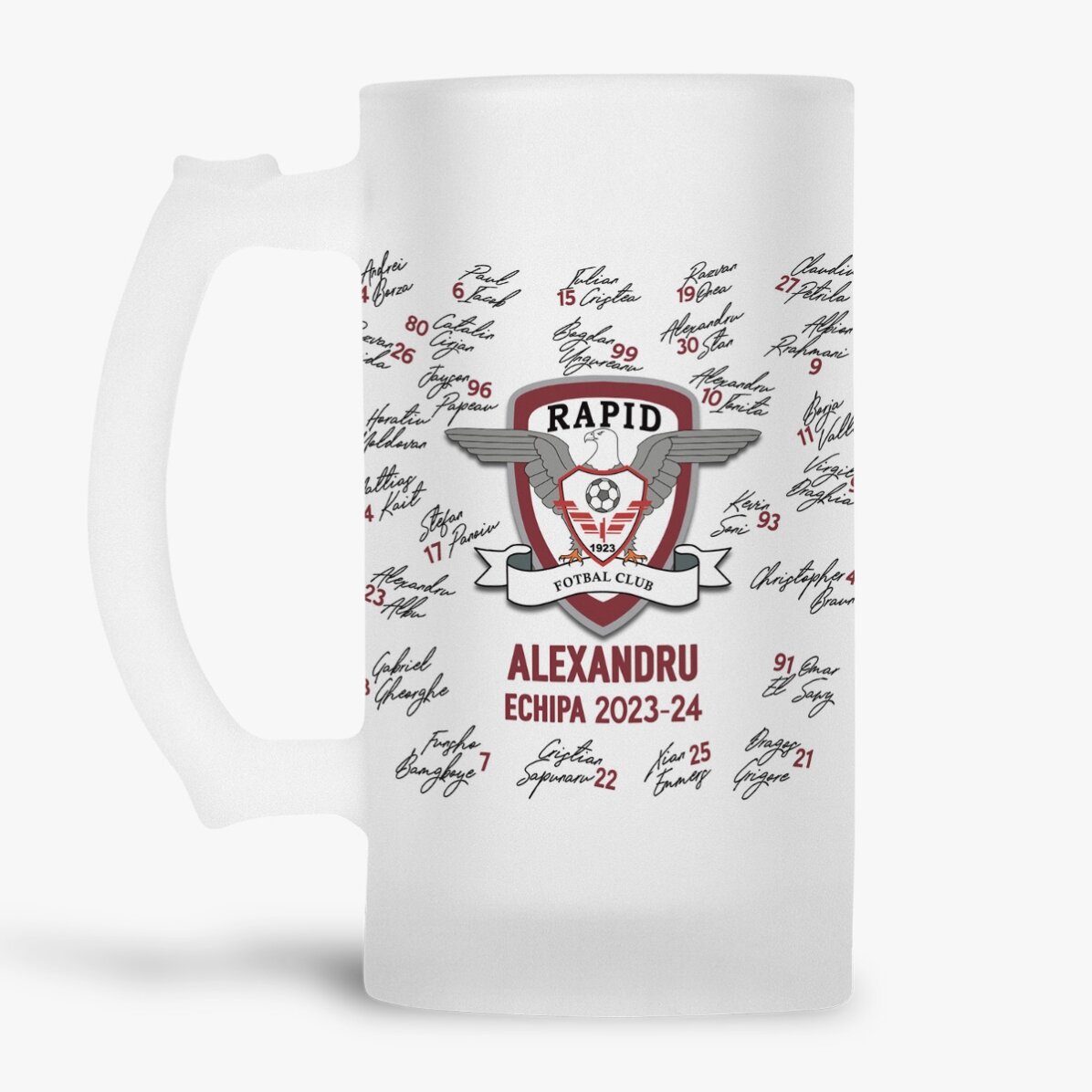 Halbă de bere FC Rapid personalizată cu text - Echipa 2023-24