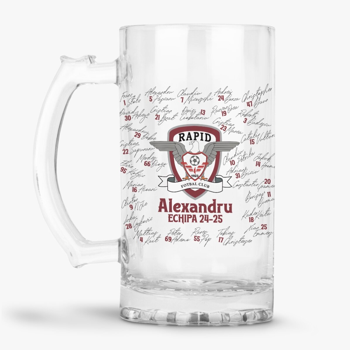 Halbă de bere FC Rapid personalizată cu text - Echipa 24-25