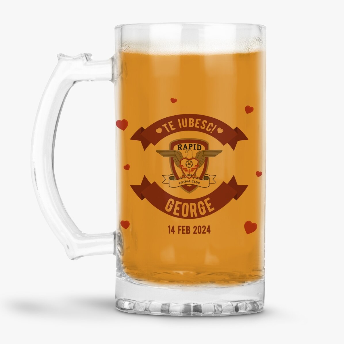 Halbă de bere FC Rapid personalizată cu text - Valentine