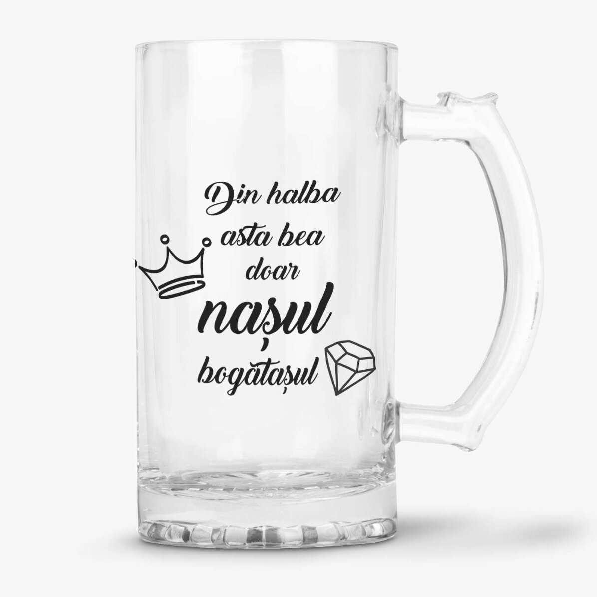 Halbă de bere personalizată cu mesaj pentru naș