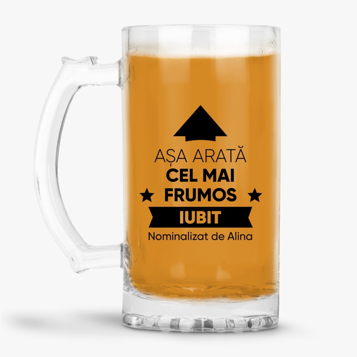 Halbă de bere personalizată cu text - Așa arată