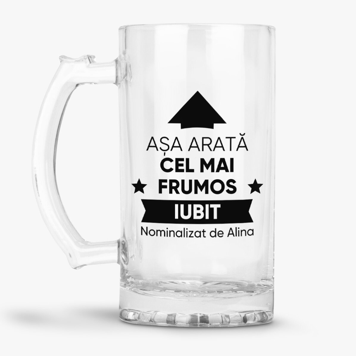 Halbă de bere personalizată cu text - Așa arată