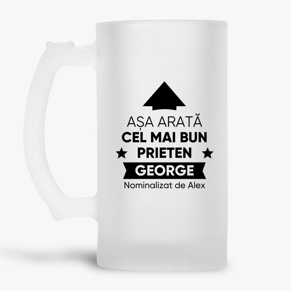 Halbă de bere personalizată cu text - Așa arată