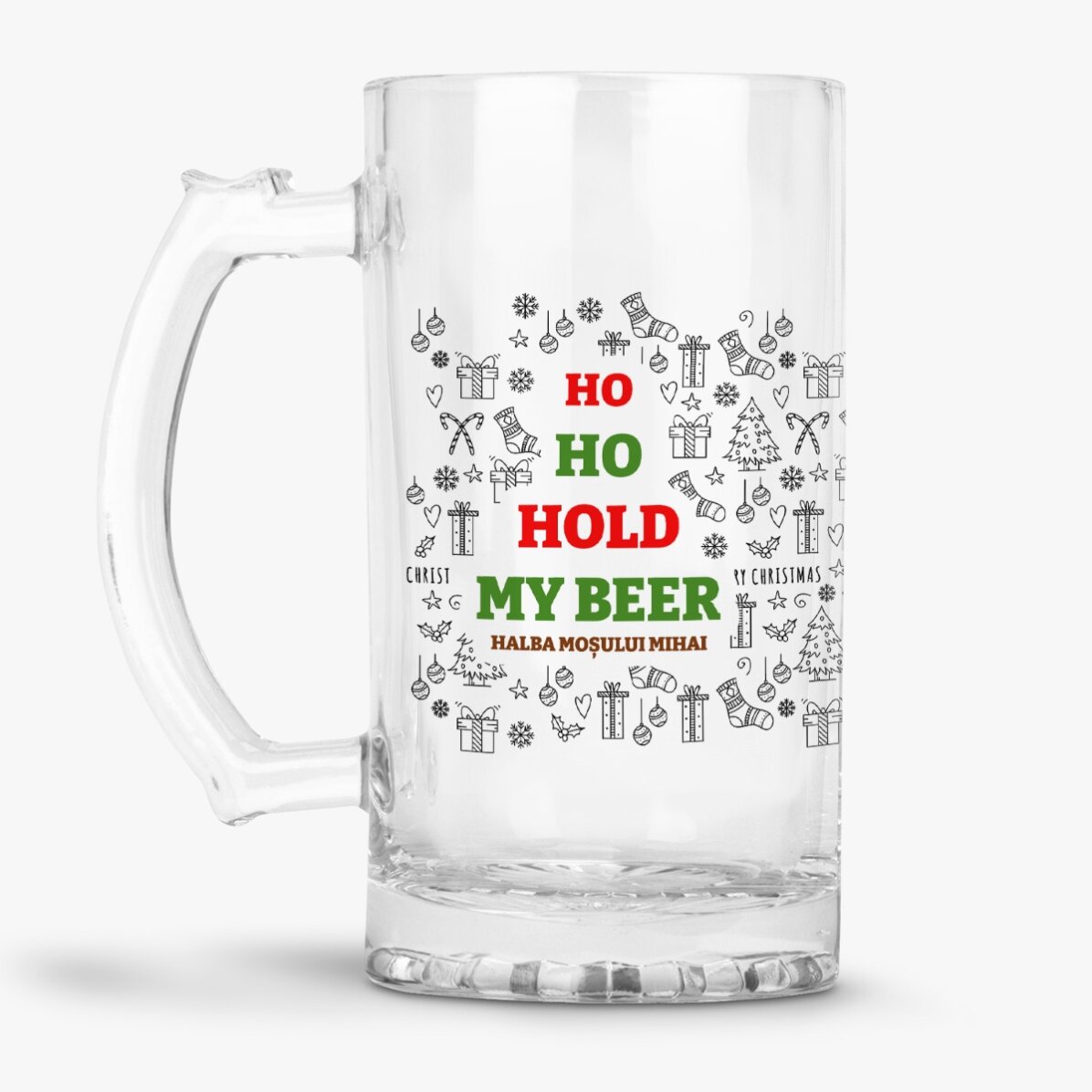 Halbă de bere personalizată cu text de Crăciun - Ho Ho Hold My Beer