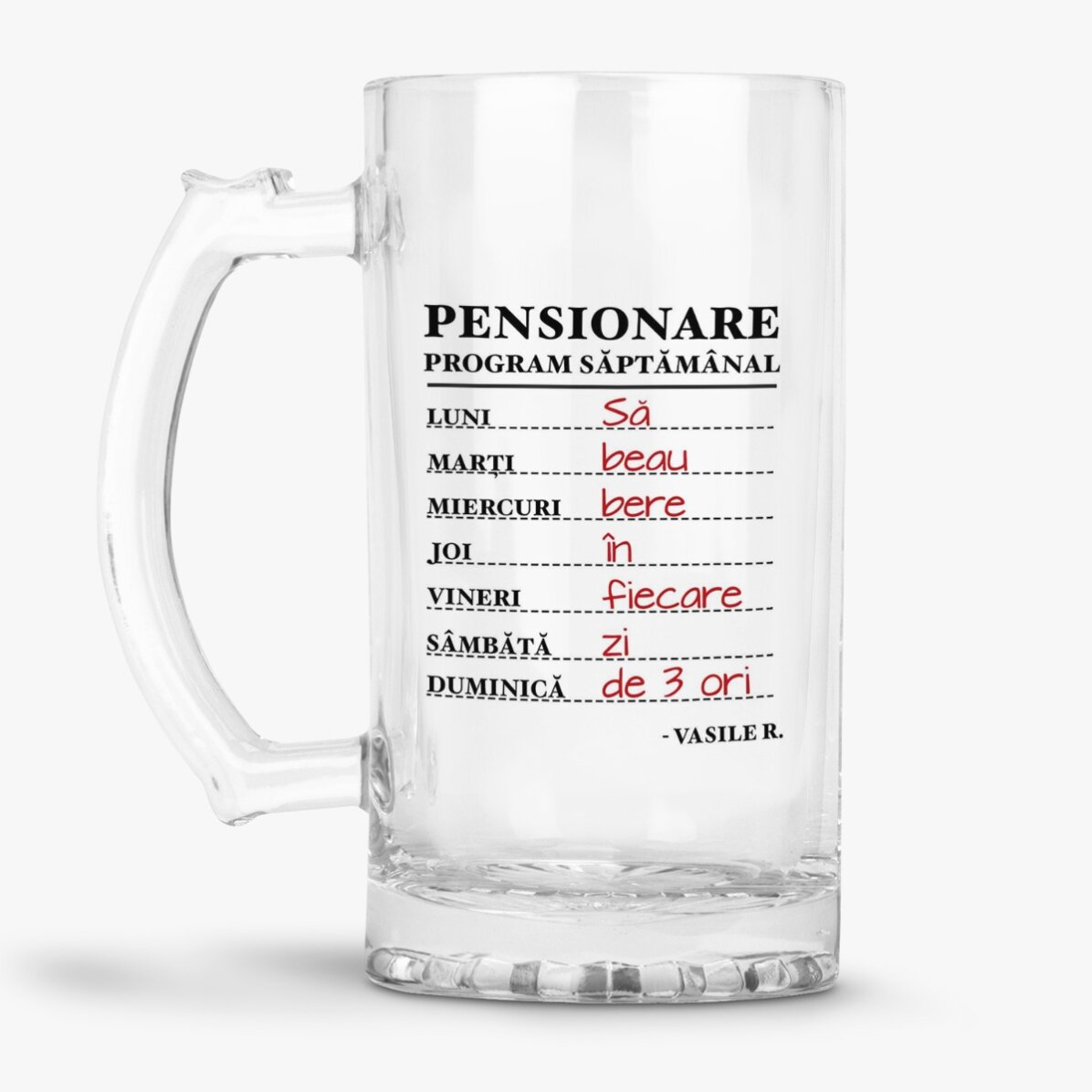 Halbă de bere personalizată cu text pentru pensionare