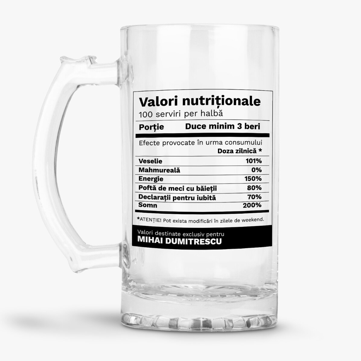 Halbă de bere personalizată cu text - Valori nutriționale amuzante