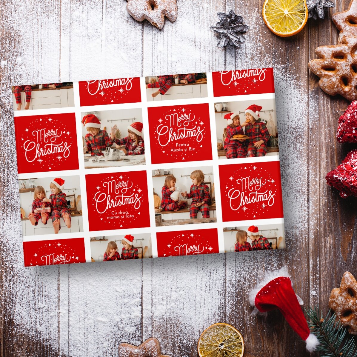 Hârtie de împachetat cadouri personalizată cu 12 poze și text - Pătrățele și mesaje de Crăciun