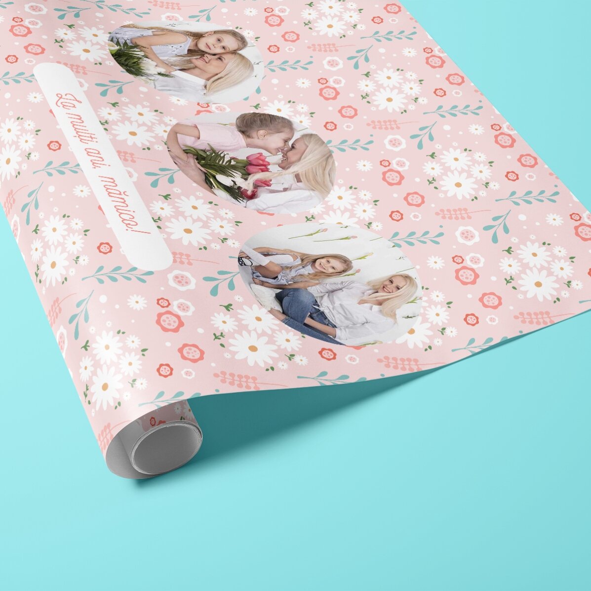 Hârtie de împachetat cadouri personalizată cu 3 poze și text - Flori de primăvară