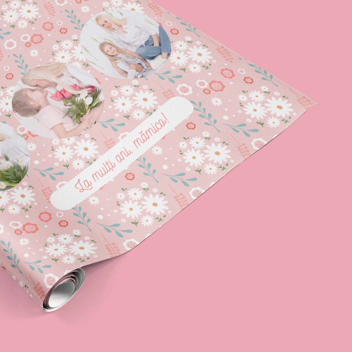 Hârtie de împachetat cadouri personalizată cu 3 poze și text - Flori de primăvară