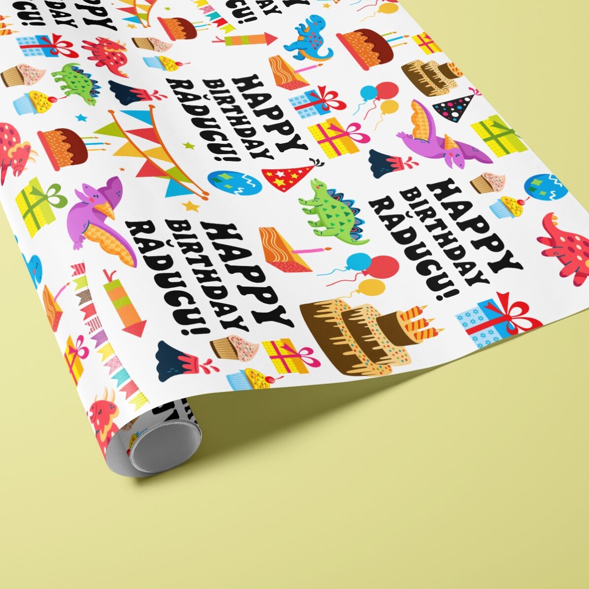 Hârtie de împachetat cadouri personalizată cu text - Petrecerea dinozaurilor