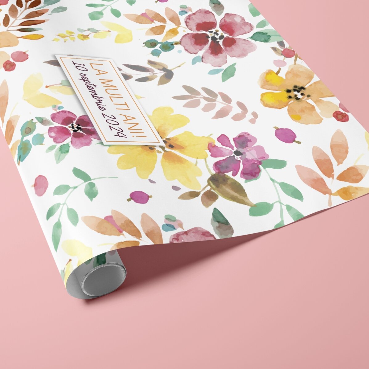 Hârtie de împachetat cadouri personalizată - model floral, cu text în chenar