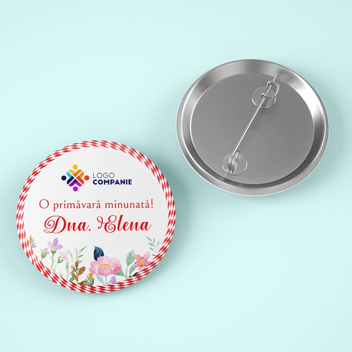 Insignă personalizată cu logo, nume și mesaj - Mărțișor 