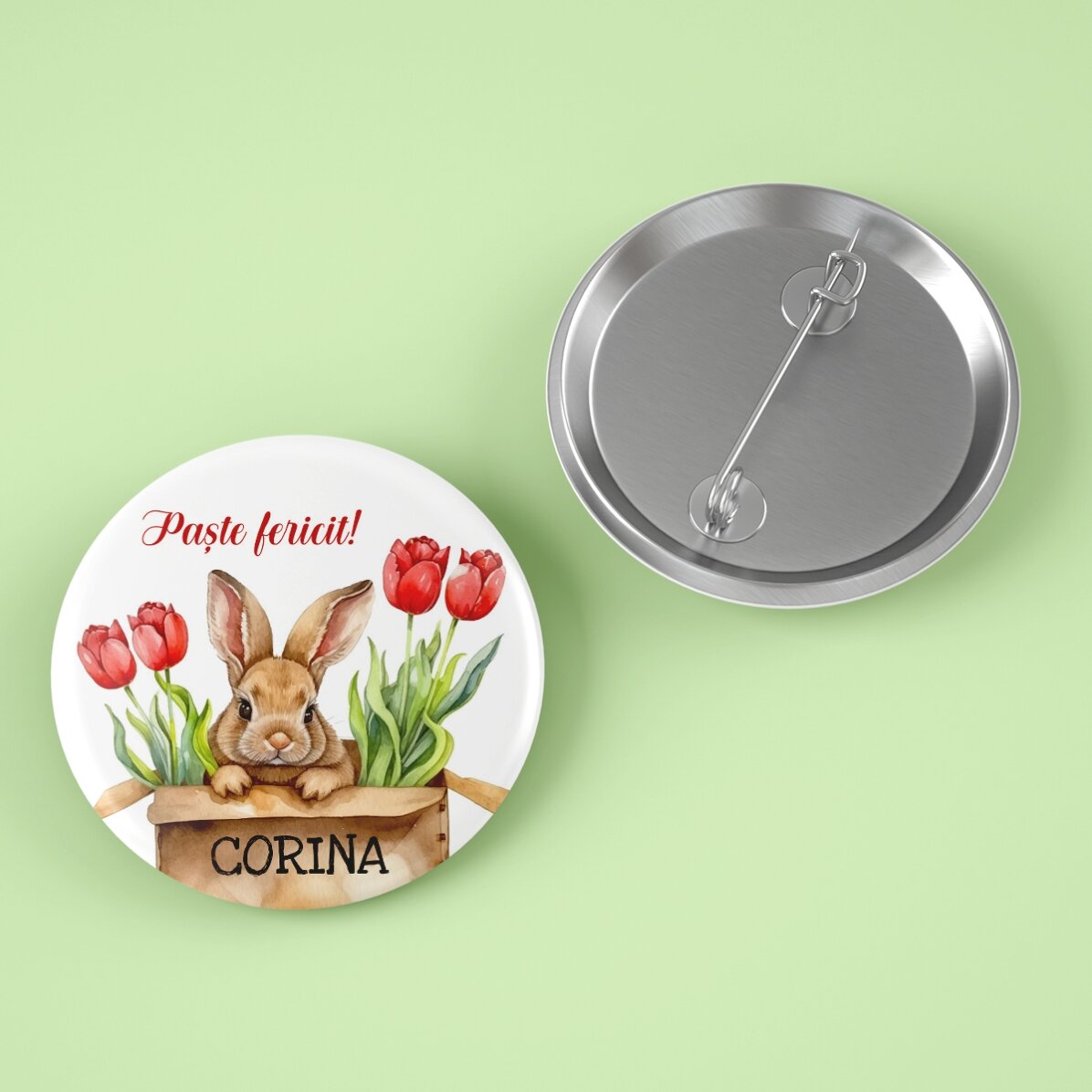 Insignă personalizată cu mesaj de Paște - Cute bunny