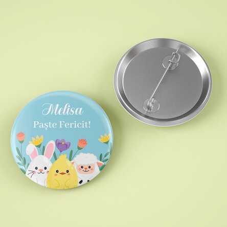 Insignă personalizată cu mesaj de Paște - Animăluțe