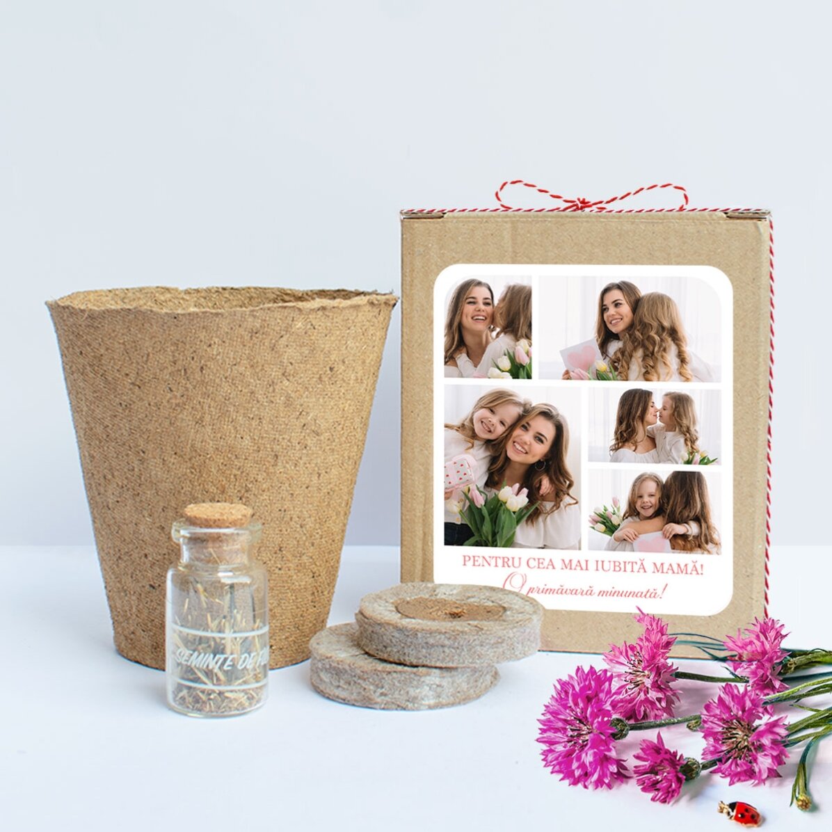 Kit de plantat flori de primăvară în cutiuță personalizată cu colaj de poze și mesaj