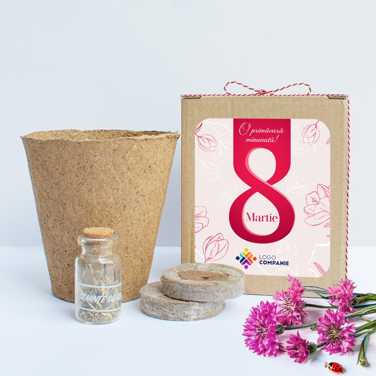 Kit de plantat flori de primăvară în cutiuță personalizată cu logo și mesaj - 8 Martie