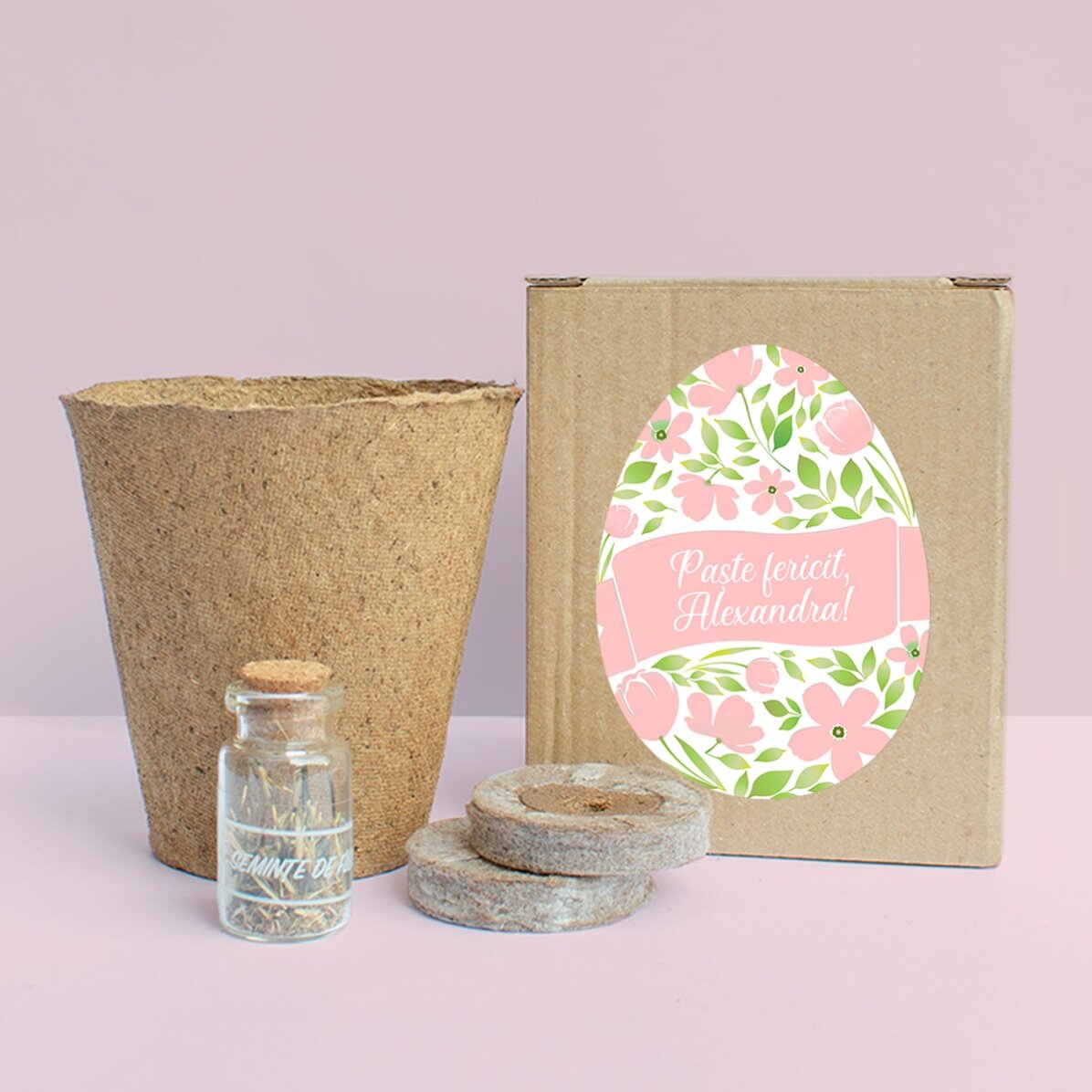 Kit de plantat flori în cutiuță personalizată cu text - Paște fericit!