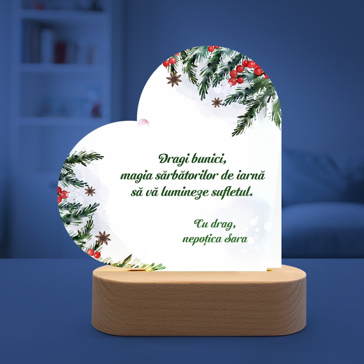 Lampă veghe LED inimă personalizată cu mesaj de Crăciun