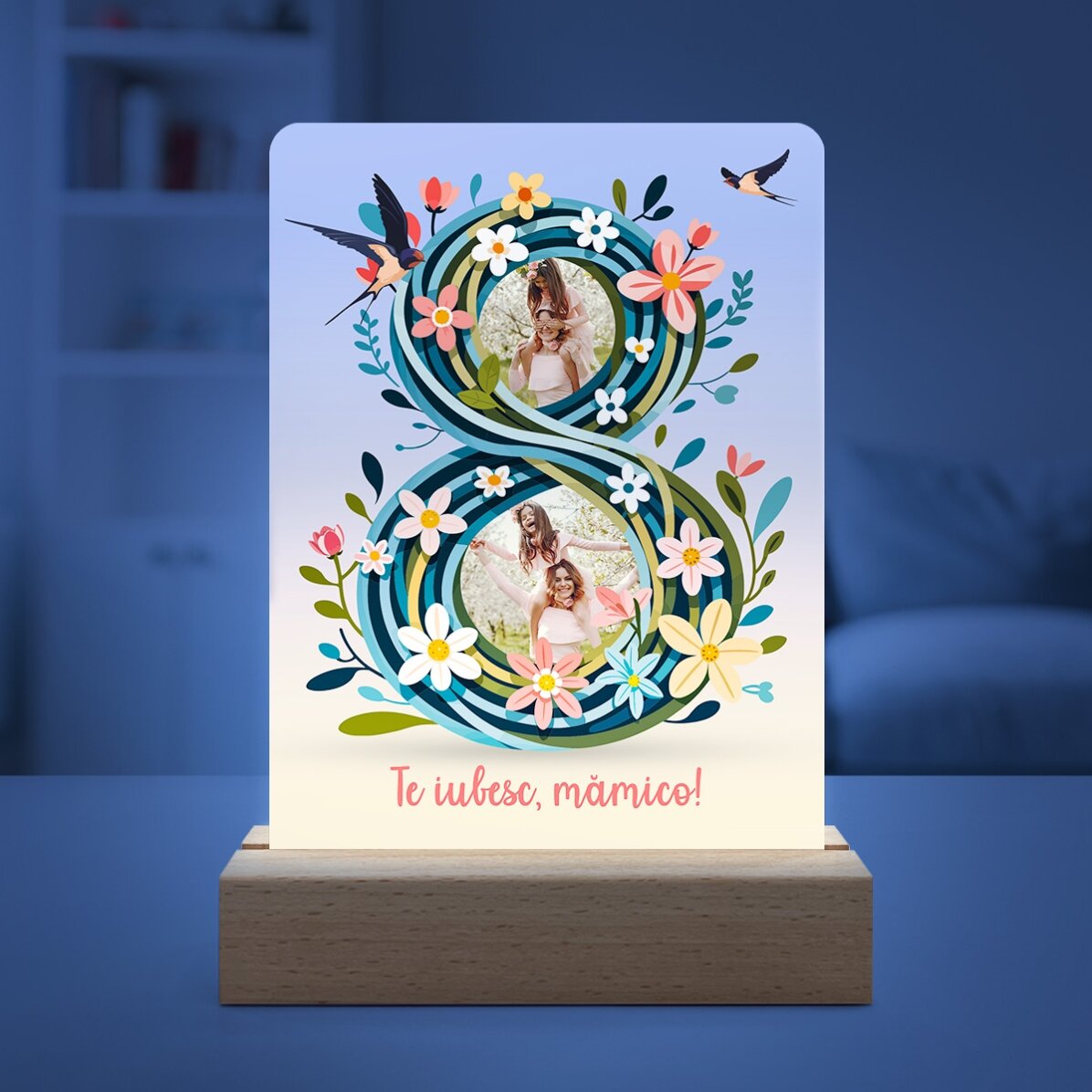 Lampă veghe LED personalizată cu 2 poze și text - 8 floral