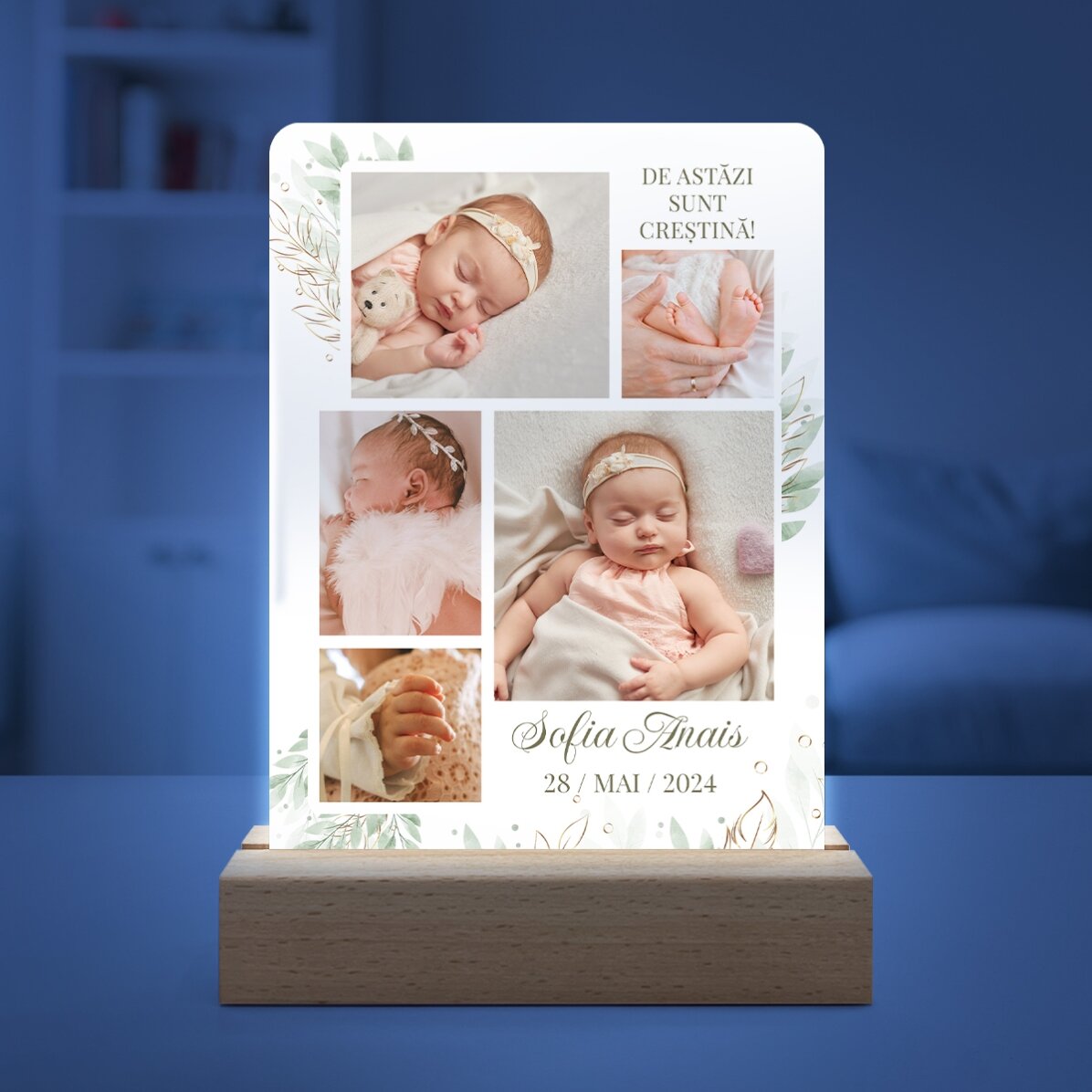 Personalised LED night light with 5 photos and text - baby
