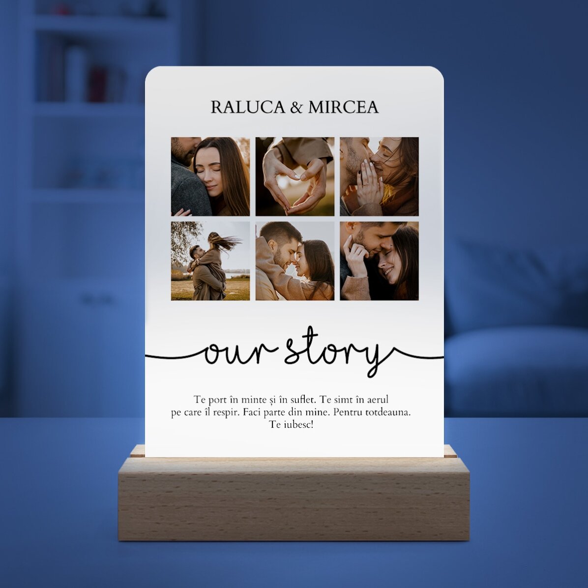 Lampă veghe LED personalizată cu 6 poze și mesaj - Our story