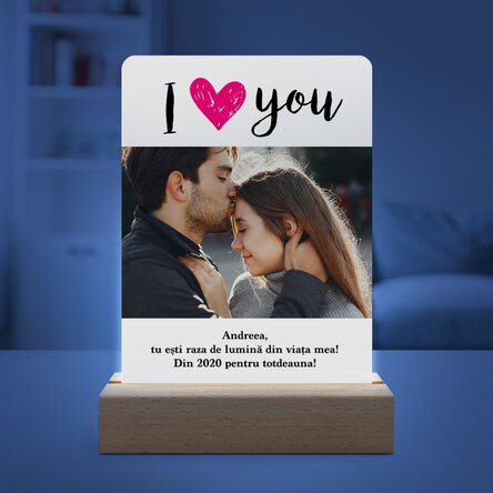 Lampă veghe LED personalizată cu o poză și mesaj - I love you