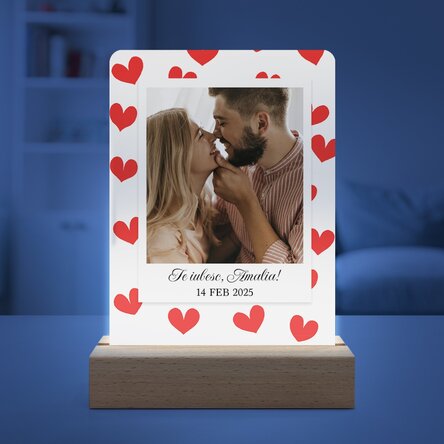 Lampă veghe LED personalizată cu o poză și mesaj - Inimioare