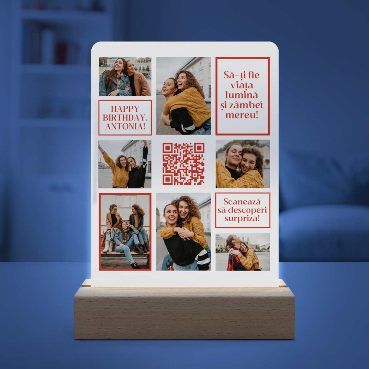 Lampă veghe LED personalizată cu 7 poze, mesaj și cod QR - La mulți ani!