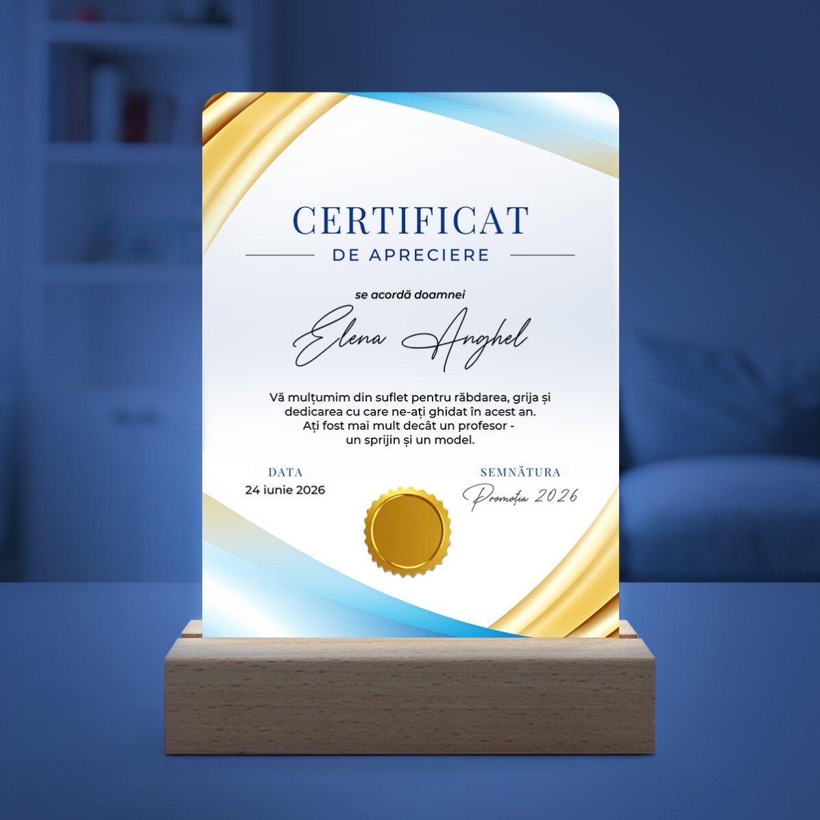 Personalised LED night light with message - Certificate of appreciation